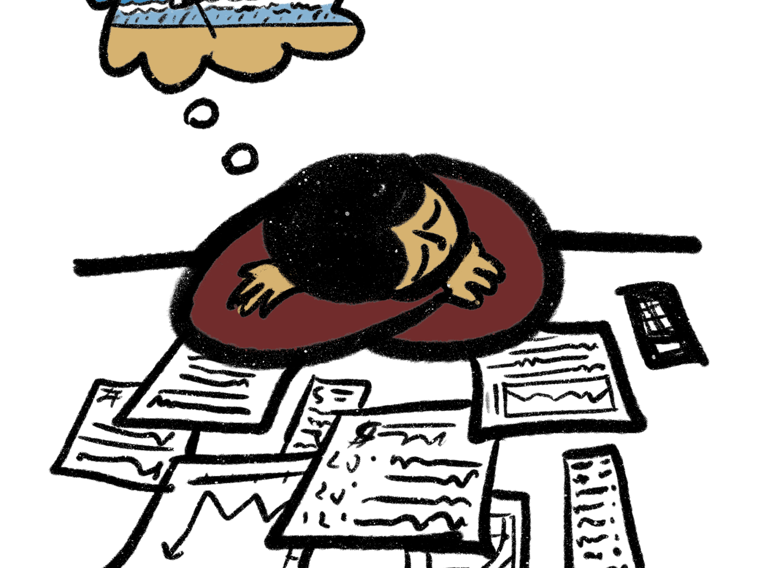 A student dreaming of the beach while sleeping on a desk with papers on it.