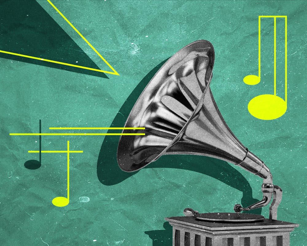 <p>A black-and-white vintage gramophone surrounded by bright yellow musical notes and abstract shapes against a textured teal background.</p>