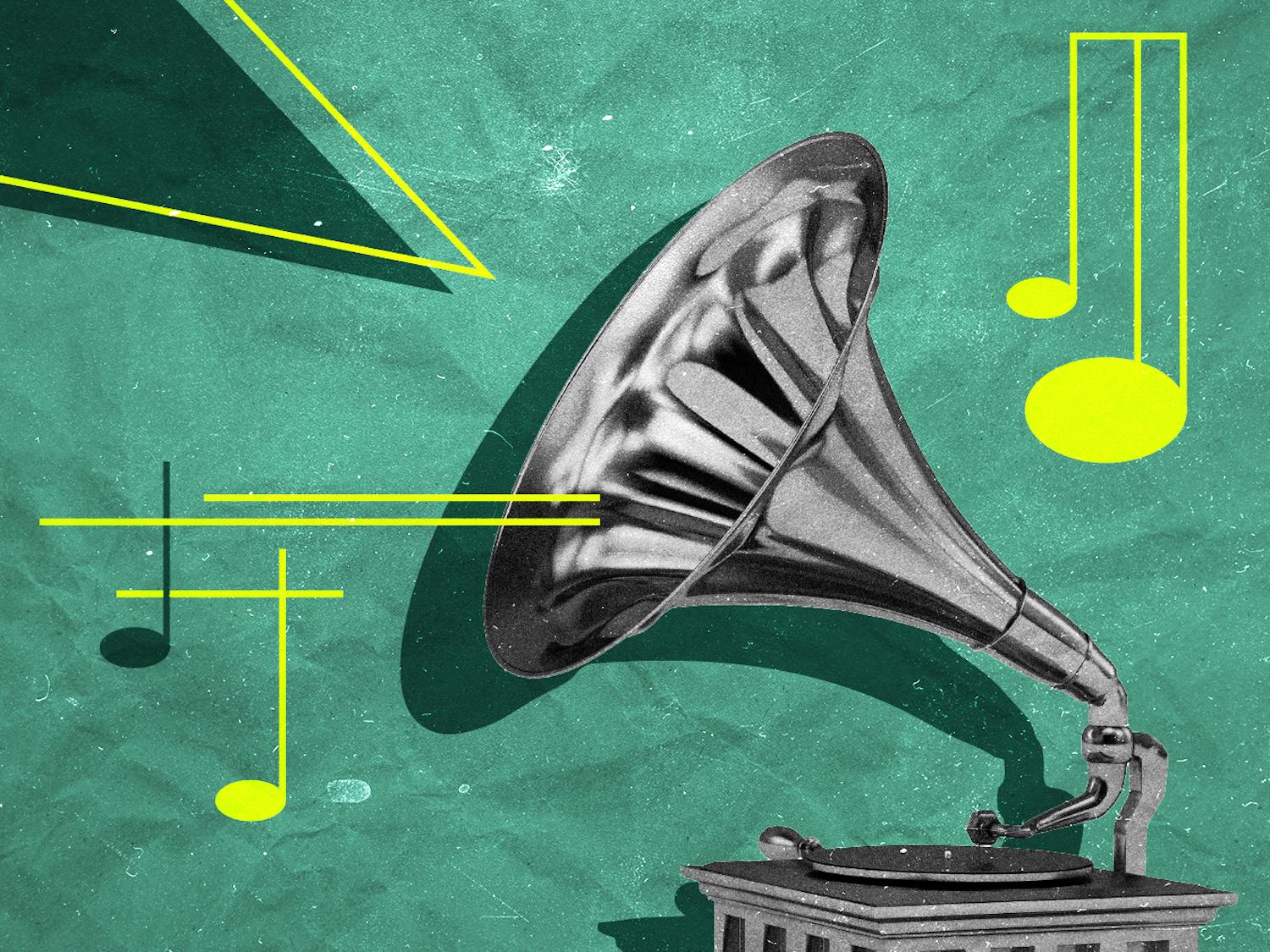 A black-and-white vintage gramophone surrounded by bright yellow musical notes and abstract shapes against a textured teal background.