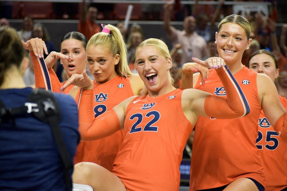 <p>Auburn celebrates a point vs Alabama on Sept. 26, 2025.</p>