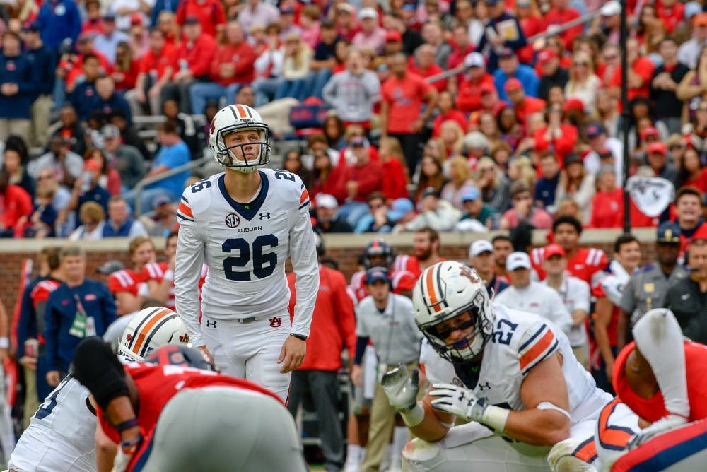 Anders Carlson (26) prepares to kick the ball during Auburn Football vs. Ole Miss on Saturday, Oct. 20, 2018, in Oxford, Miss.