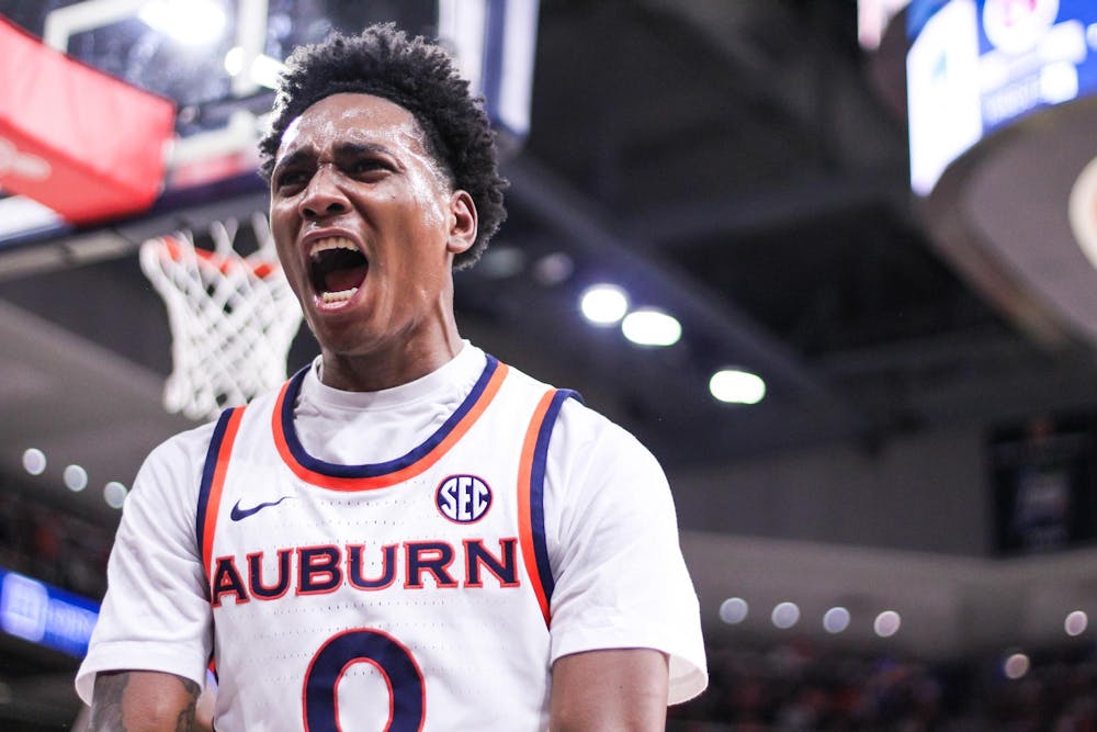 <p>Tahaad Pettiford celebrates after a call was made from the referee in Auburn's favor during the game against South Carolina on Jan. 17, 2026 in Neville Arena in Auburn, Ala. </p>