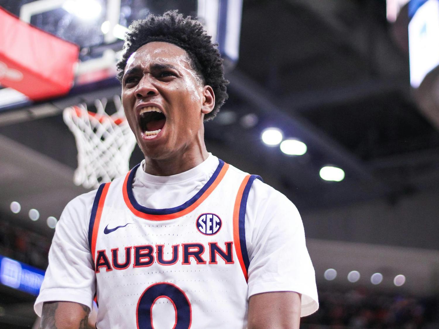 Tahaad Pettiford celebrates after a call was made from the referee in Auburn's favor during the game against South Carolina on Jan. 17, 2026 in Neville Arena in Auburn, Ala.