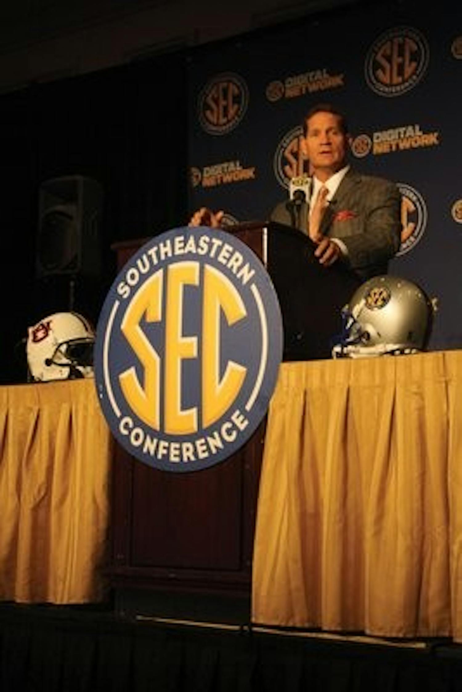 Gene Chizik spoke before reporters July 21 at the SEC Media Day in Hoover. He answered questions concerning the NCAA investigations and the next football season. (Nicole Singleton / Sports Editor)