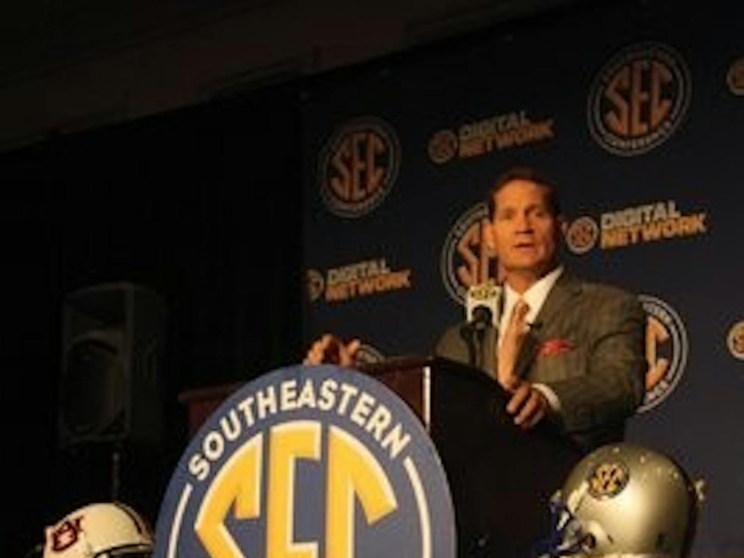 Gene Chizik spoke before reporters July 21 at the SEC Media Day in Hoover. He answered questions concerning the NCAA investigations and the next football season. (Nicole Singleton / Sports Editor)