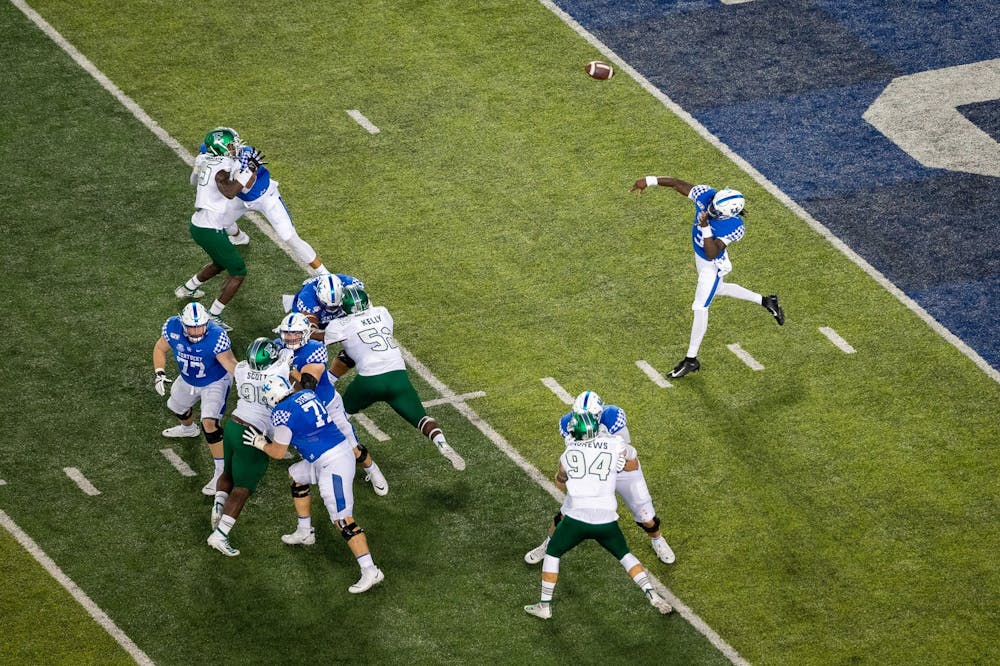 <p>Kentucky Wildcats quarterback Terry Wilson (3) throws the ball down the field during the UK vs. Eastern Michigan University football game on Saturday, Sept. 7, 2019, at the University of Kentucky in Lexington, Kentucky. UK won 38-17. Photo by Michael Clubb | Staff | The Kentucky Kernel</p>