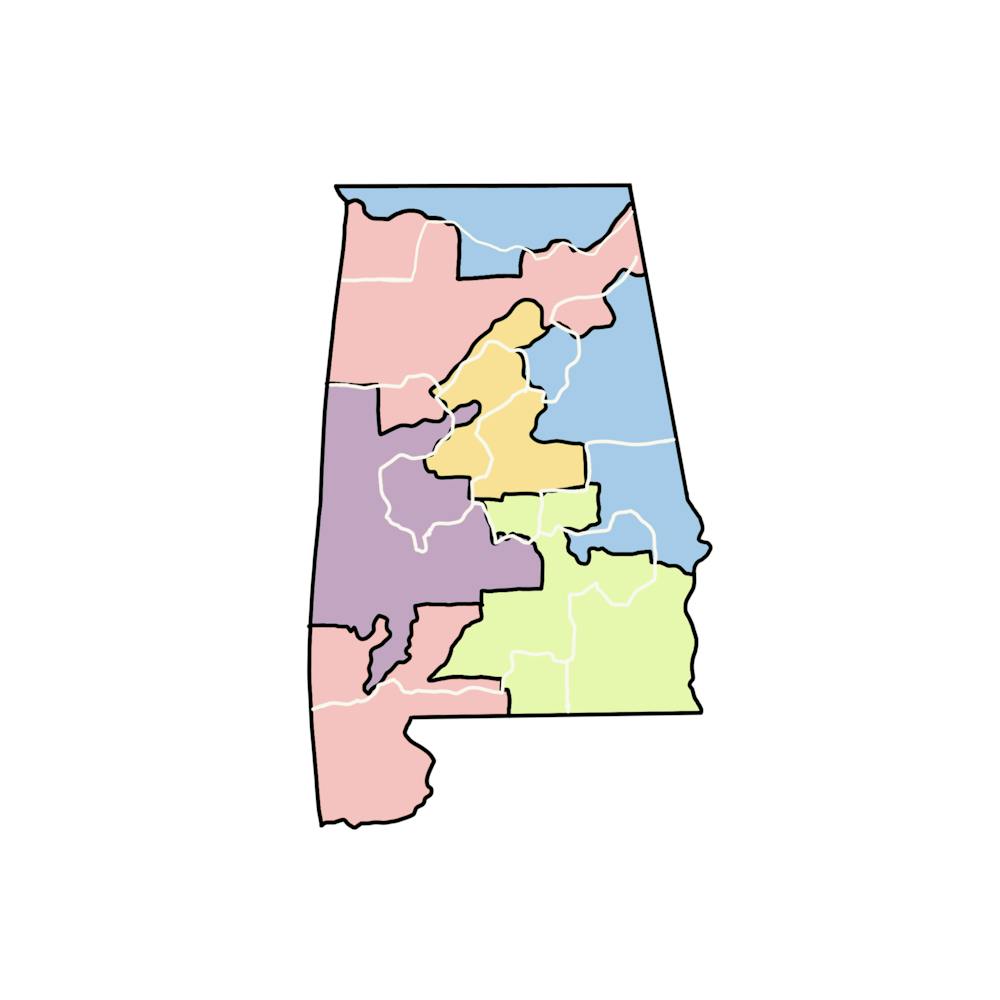 A drawing representing the current Alabama districts compared to what the new districts would be.