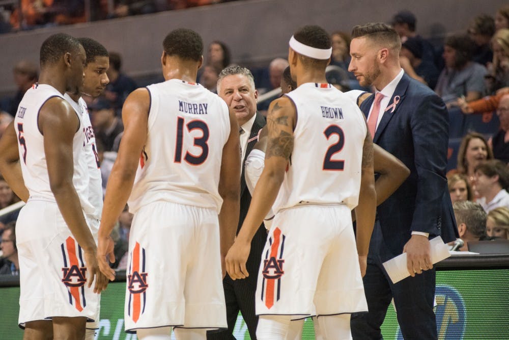 Head Coach Bruce Pearl coaches his team during a timeout&nbsp;during Auburn Basketball vs. Vanderbilt at Auburn Arena in Auburn, Ala. on Saturday, Feb. 3, 2018.