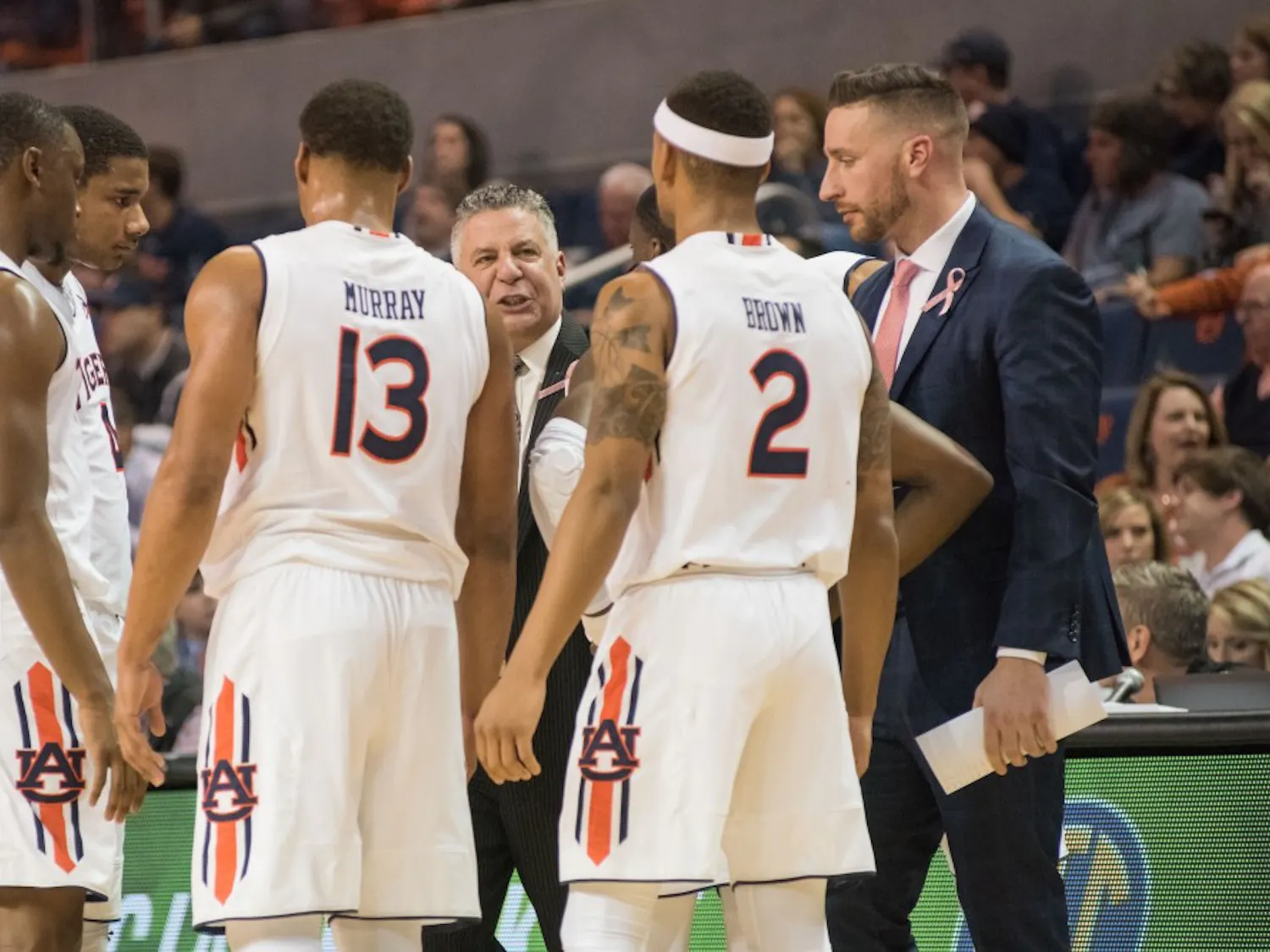 Head Coach Bruce Pearl coaches his team during a timeout during Auburn Basketball vs. Vanderbilt at Auburn Arena in Auburn, Ala. on Saturday, Feb. 3, 2018.