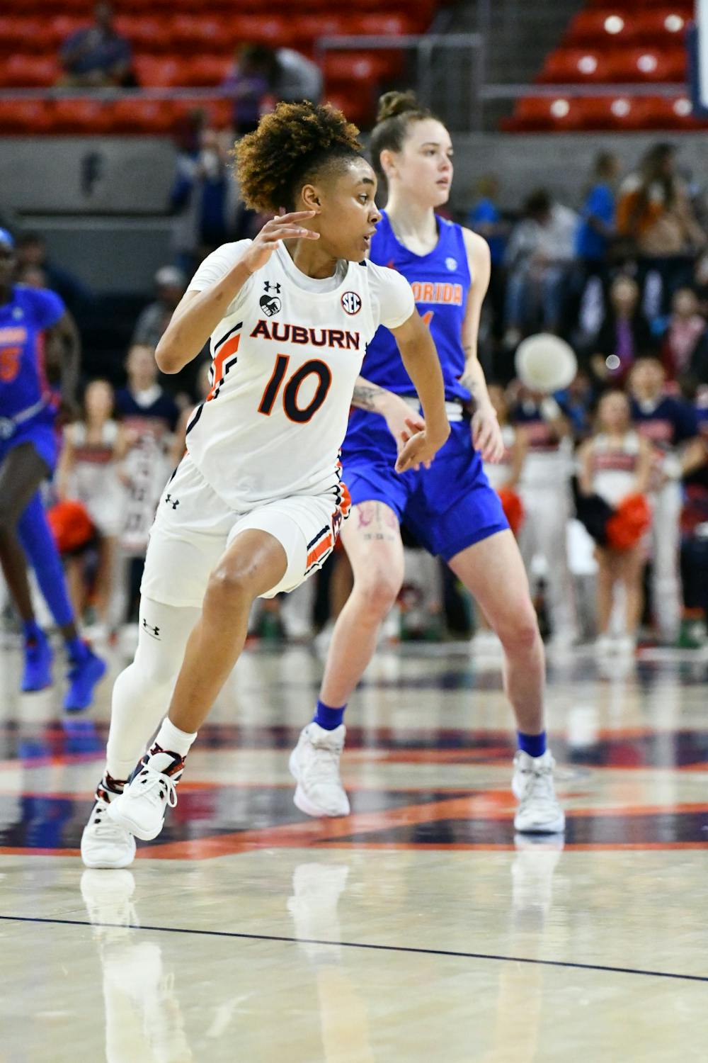 <p>Auburn guard Sydney Shaw (10) runs to defend against the opposing Florida Gators in a match-up in Neville Area on Jan 30, 2023.&nbsp;</p>