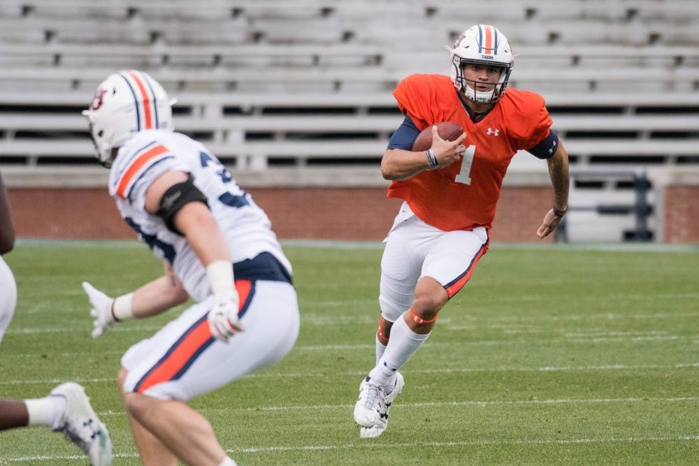 Joey Gatewood (1) runs downfield during Auburn's A-Day game on Saturday, April 7, 2018, in Auburn, Ala.