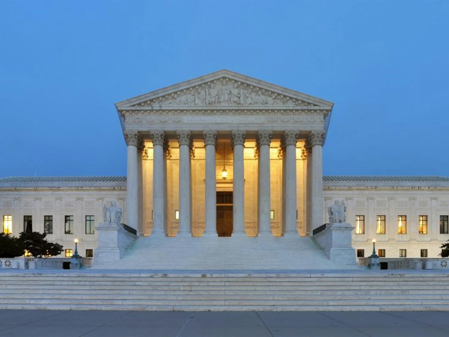 Panorama of the west facade of United States Supreme Court Building is photographed at dusk in Washington, D.C.