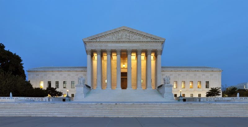 Panorama of the west facade of United States Supreme Court Building is photographed at dusk in Washington, D.C.