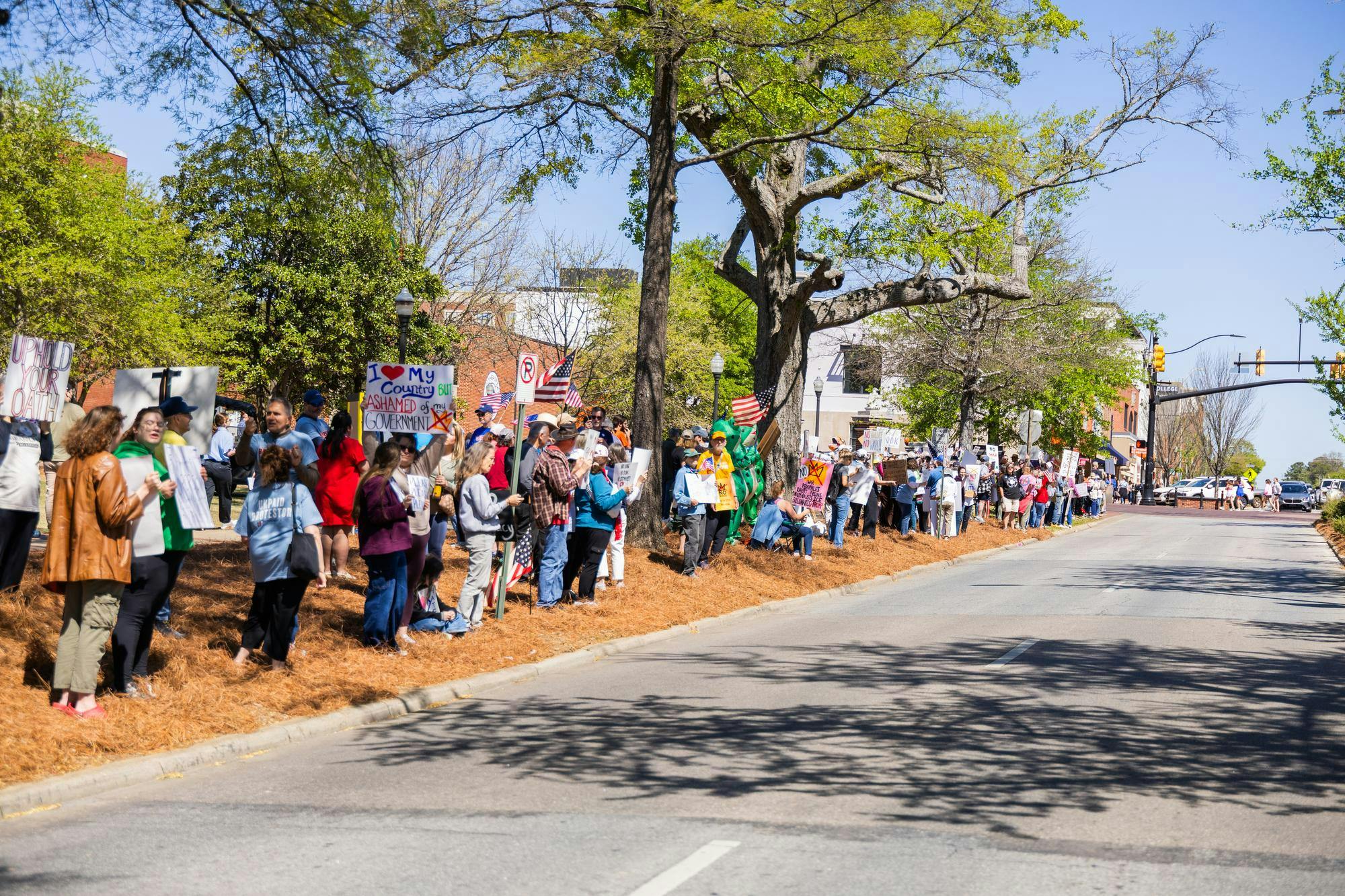 A crowd of people holding signs and flags stands along a street lined with trees and buildings on a sunny day.