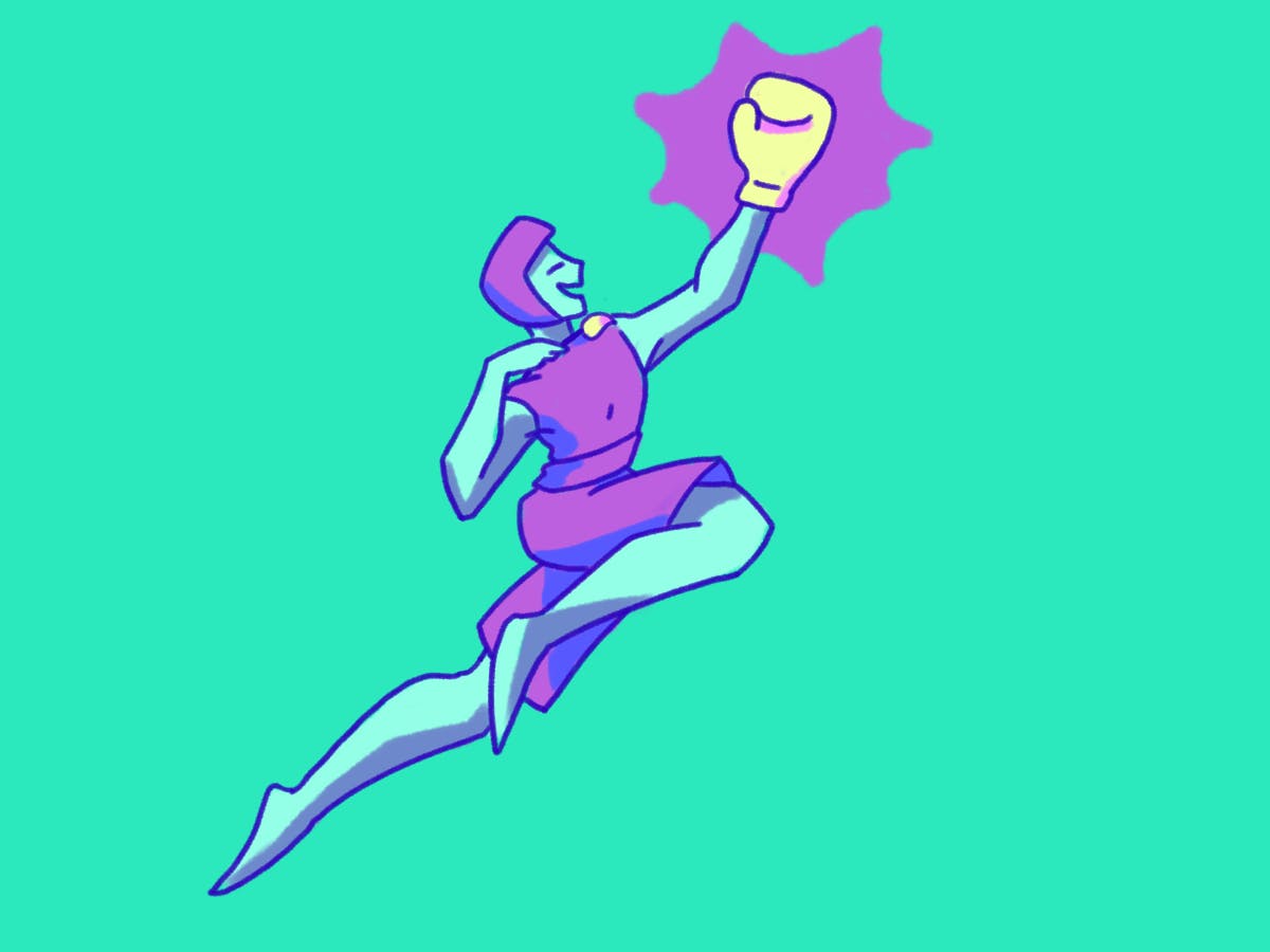 A figure in a purple outfit joyfully leaps while throwing a brightly colored boxing glove on one hand and holding a paint brush on the other hand, amidst a vibrant green background.
