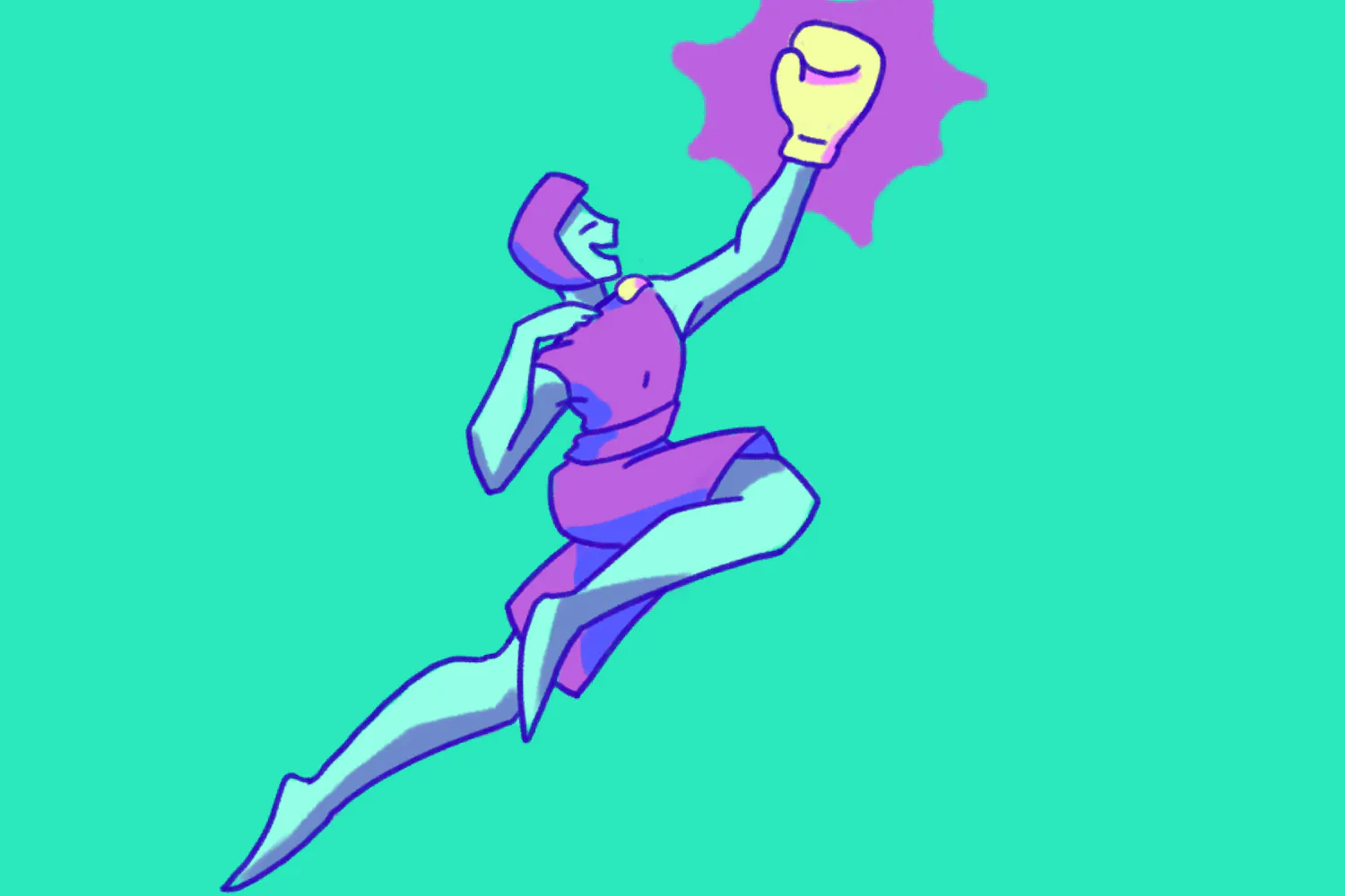 A figure in a purple outfit joyfully leaps while throwing a brightly colored boxing glove on one hand and holding a paint brush on the other hand, amidst a vibrant green background.