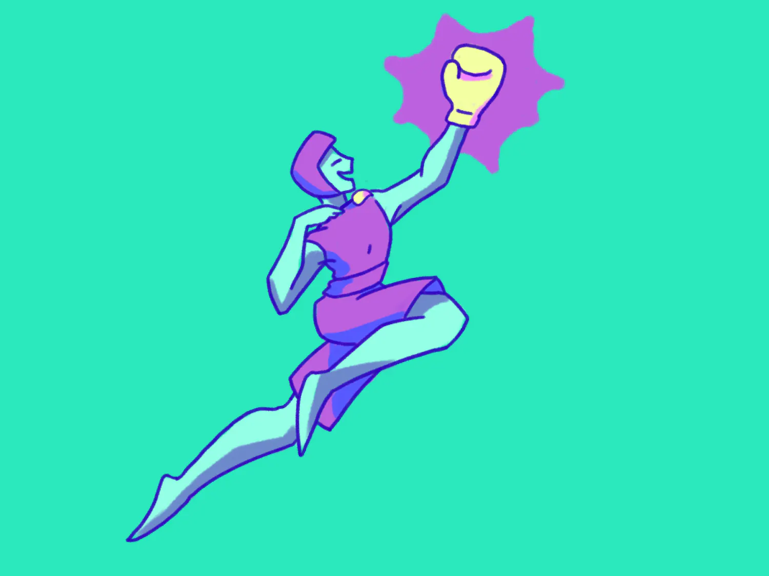 A figure in a purple outfit joyfully leaps while throwing a brightly colored boxing glove on one hand and holding a paint brush on the other hand, amidst a vibrant green background.