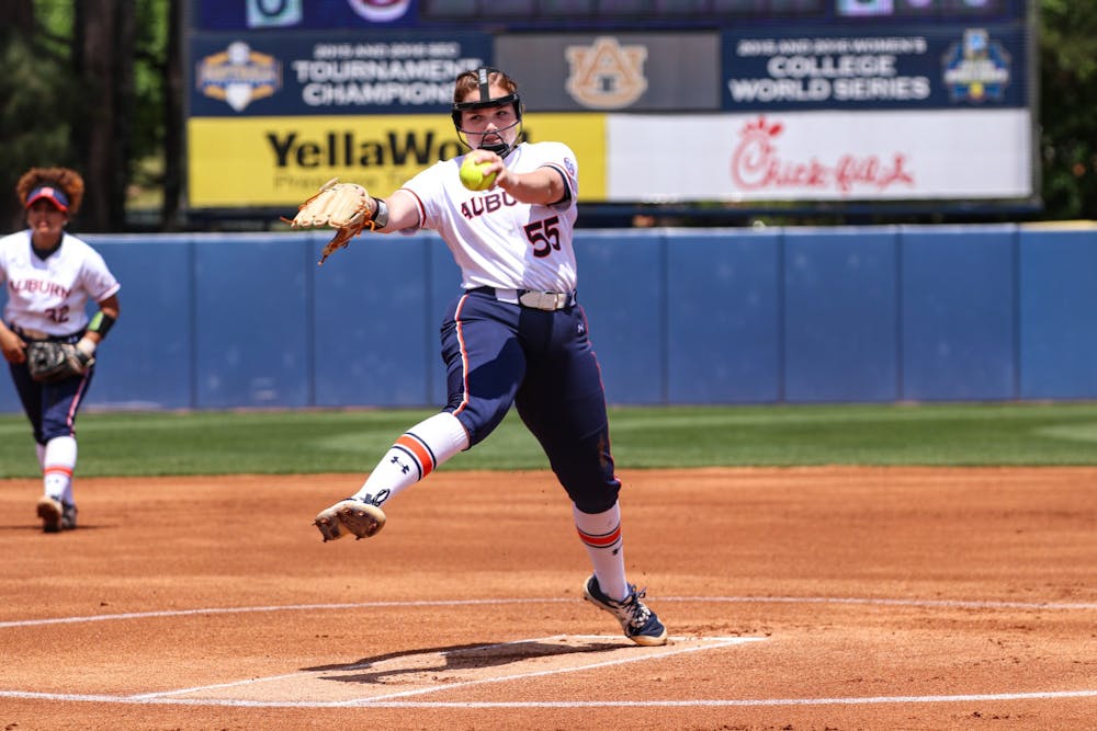 April 18, 2021; Auburn, AL, USA; Shelby Lowe (55) pitches the ball during the game between Auburn and Kentucky at Jane B. Moore Field . Mandatory Credit: Jacob Taylor/AU Athletics
