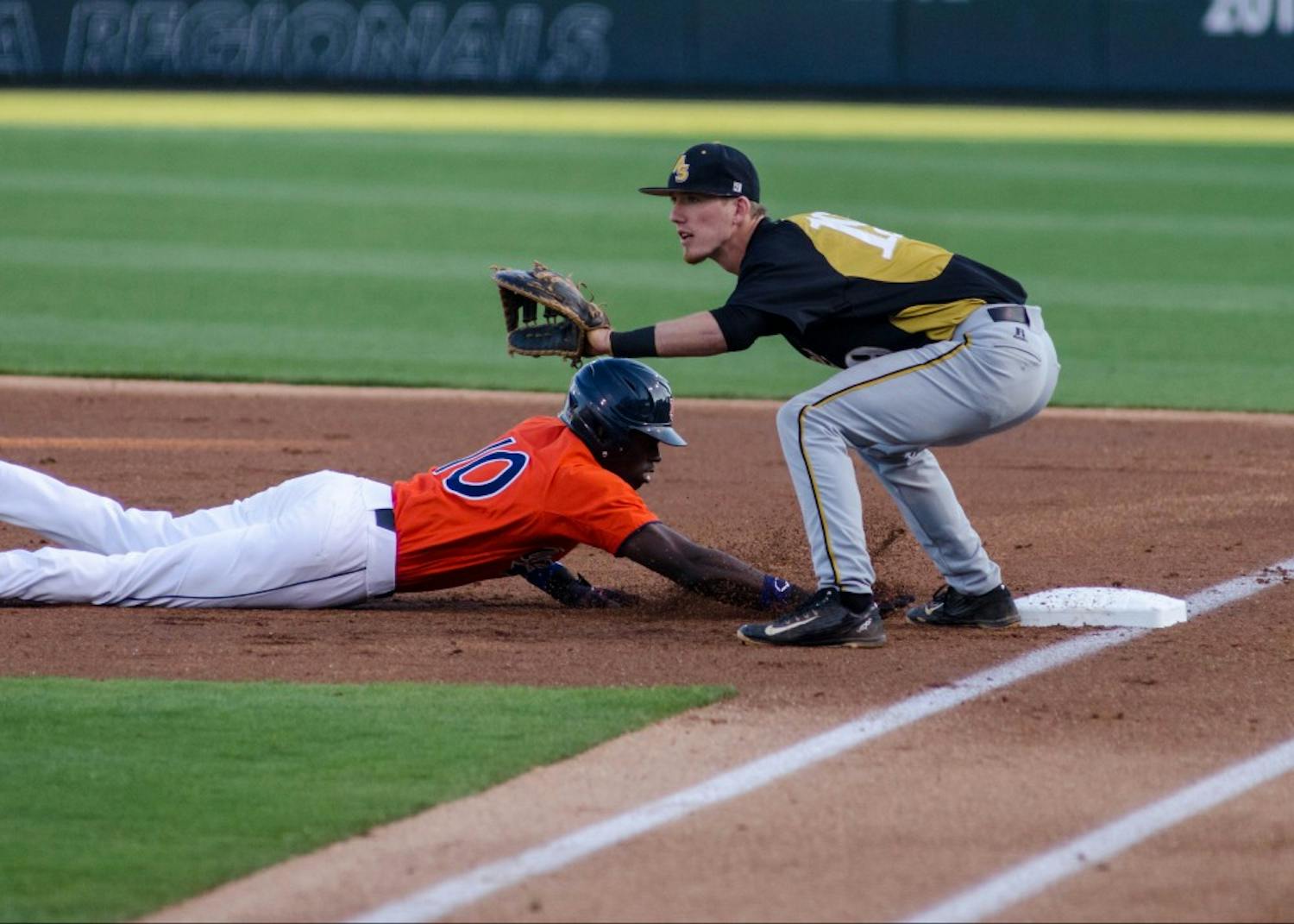 Anfernee Grier (10) beats the ball to first base during the Alabama State vs Auburn baseball game at Plainsman Park in Auburn, Ala., on Tuesday, March 23, 2016. Auburn defeated ASU 11-0.