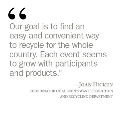 Joan Hicken, Coordinator of Auburn's WAste Reduction and REcycling department pull quote