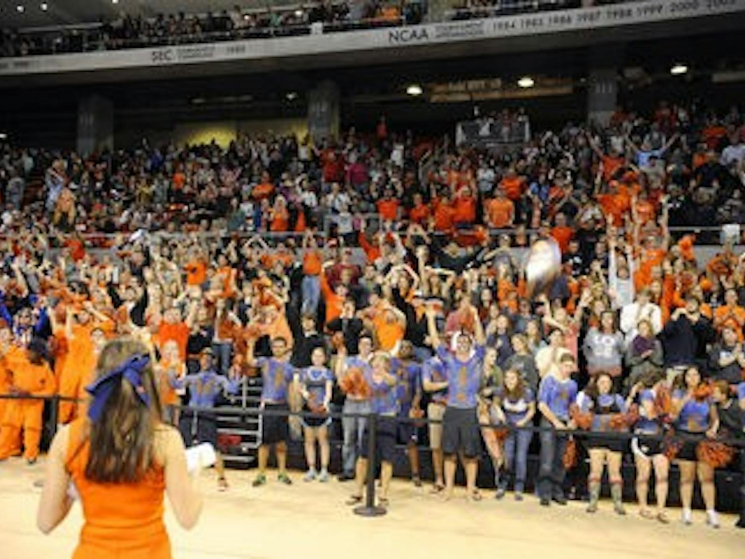 Cheering students show their support for Auburn gymnastics at Friday's meet against the University of Alabama. (Courtesy of Todd Van Emst)