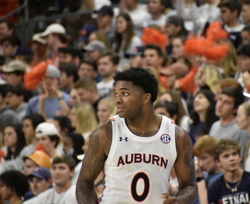 <p>Nov. 9, 2021; Auburn, Alabama; K.D. Johnson (0) looks to the bench in a match between Auburn and Morehead State in the Auburn Arena.</p>