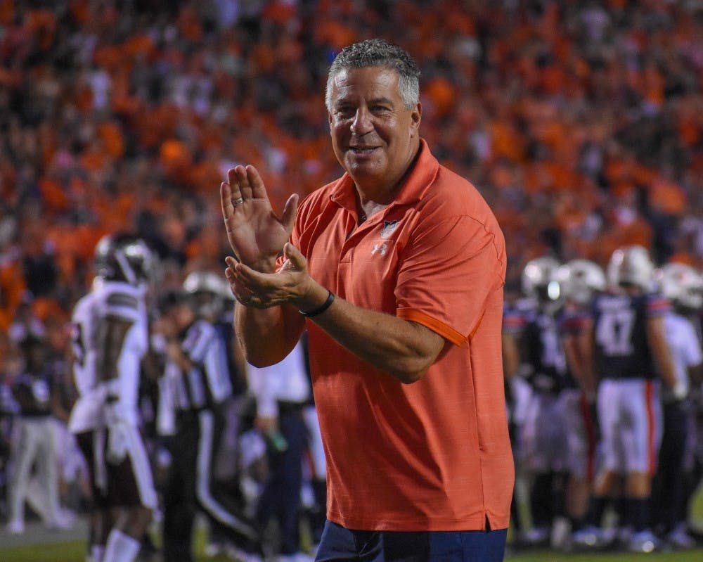 <p>Bruce Pearl cheers on the tigers during Auburn vs. Mississippi State, on Saturday, Sept. 28, 2019, in Auburn, Ala.</p>