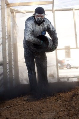Jay Amling, pesticide applicator for landscape services, spreads activated charcoal on the soil of the Toomer's trees Wednesday afternoon. (Emily adams / photo editor)