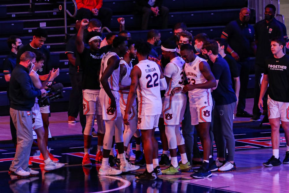 Mar 6, 2021; Auburn, AL, USA; The team reacts before the game during the game between Auburn and Mississippi State at Auburn Arena. Mandatory Credit: Jacob Taylor/AU Athletics