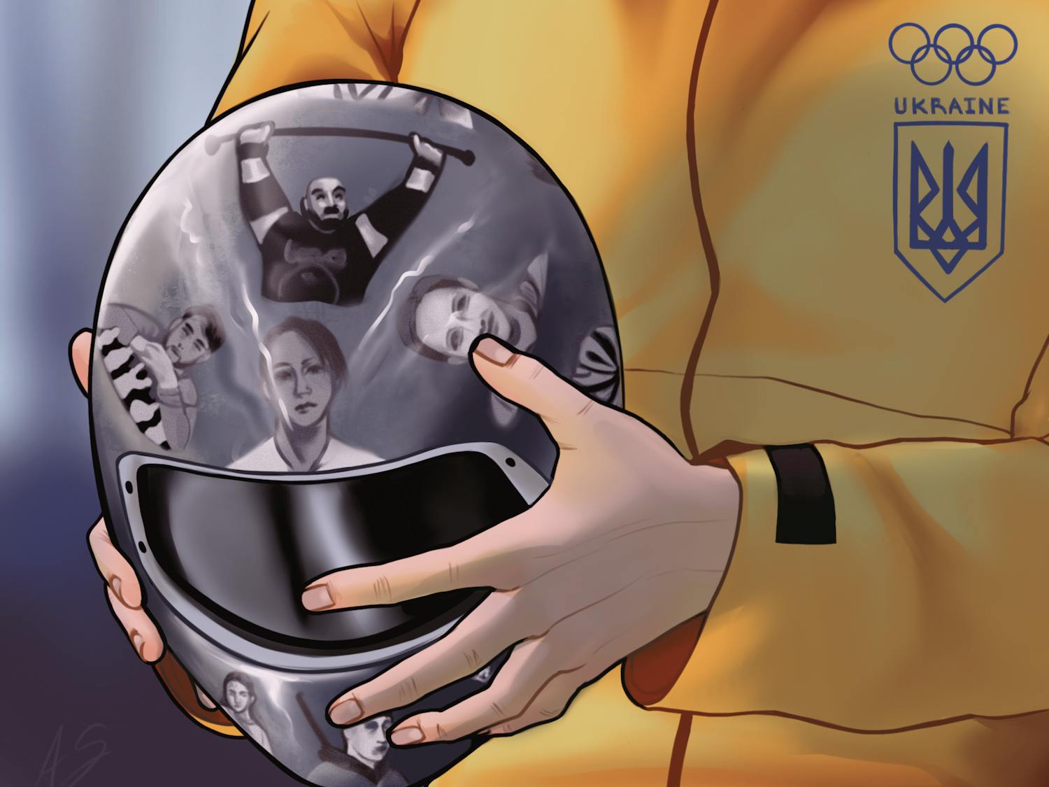 A person in a yellow jacket holds a black helmet featuring various portraits and the Ukrainian Olympic emblem.
