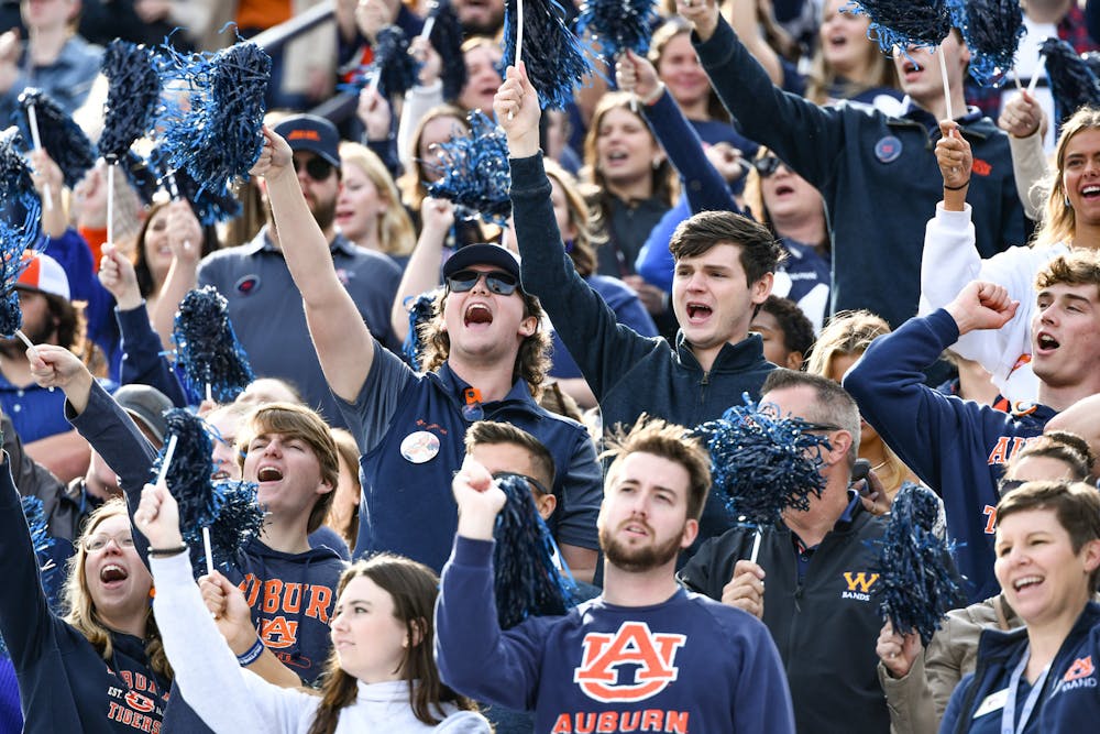 <p>Auburn students cheer on the Tigers during a game against the Arkansas Razorbacks in Jordan-Hare Stadium on Oct. 29, 2022.</p>