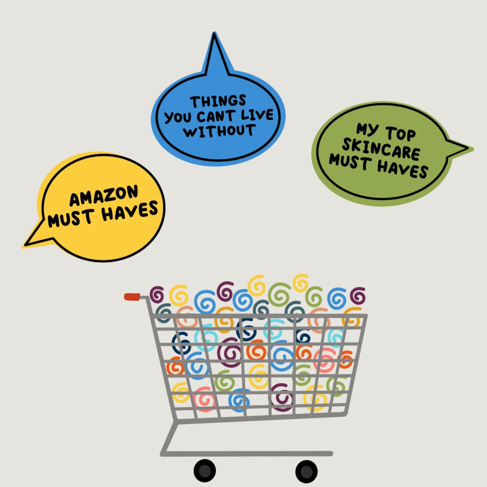 A shopping cart filled with the same shape in different colors with text bubbles surrounding it to represent being influenced. 