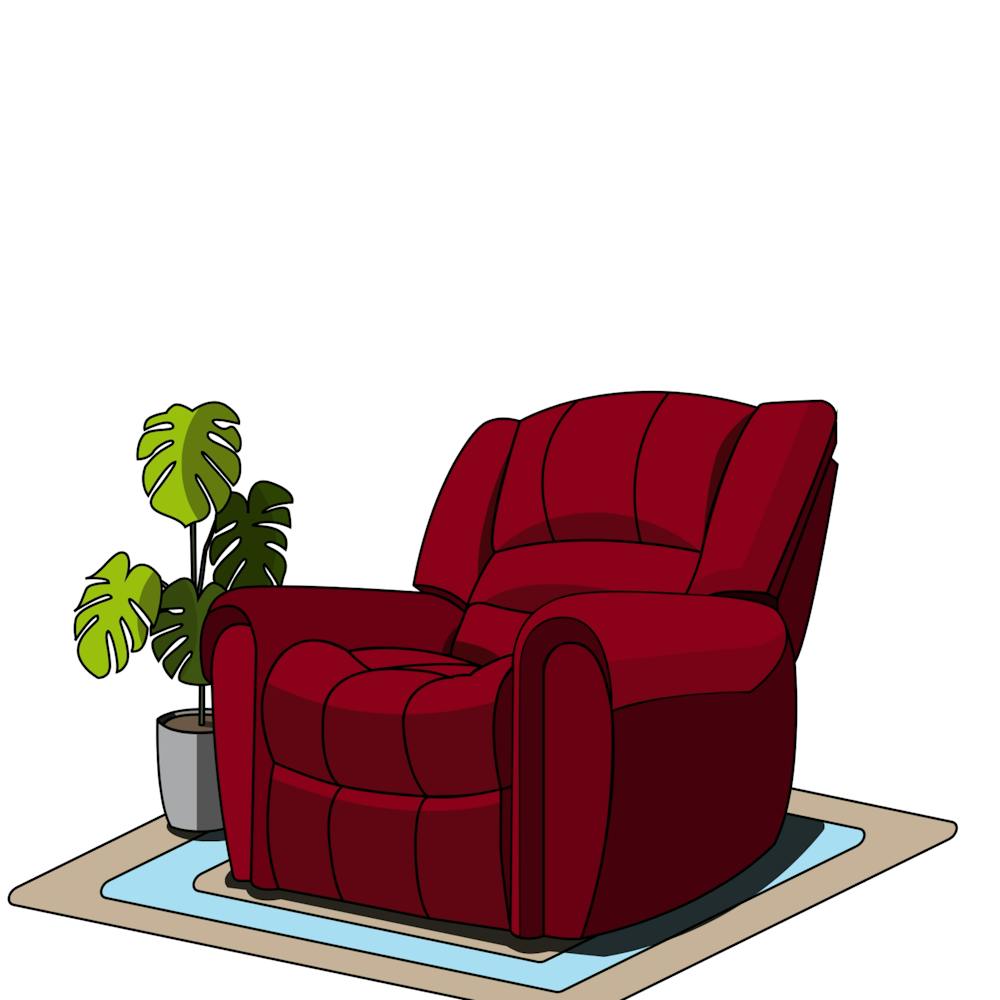 A graphic of a recliner sitting on a rug with a house plant next to it, to represent relaxing in retirement. 
