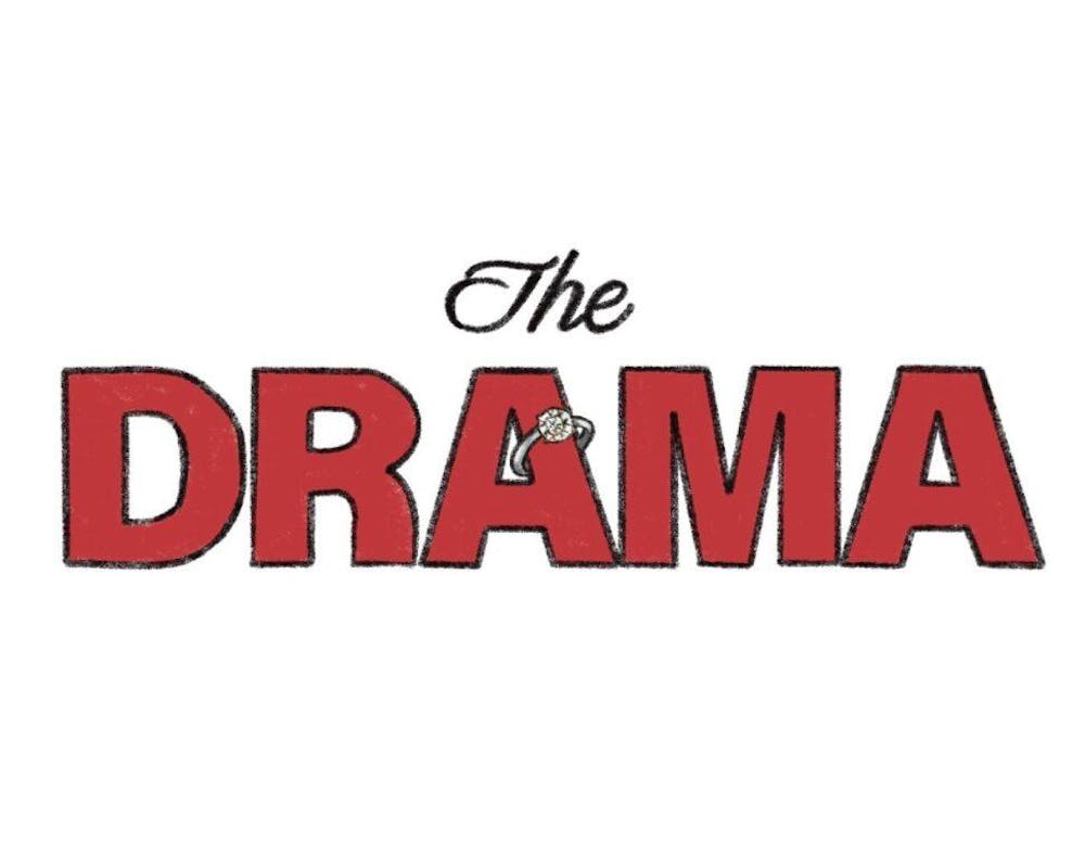 <p>The text features the word "DRAMA" in bold red letters, with a diamond ring accentuating the letter "R," topped by the word "The" in a smaller cursive font above.</p>