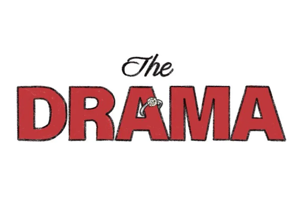 The text features the word "DRAMA" in bold red letters, with a diamond ring accentuating the letter "R," topped by the word "The" in a smaller cursive font above.