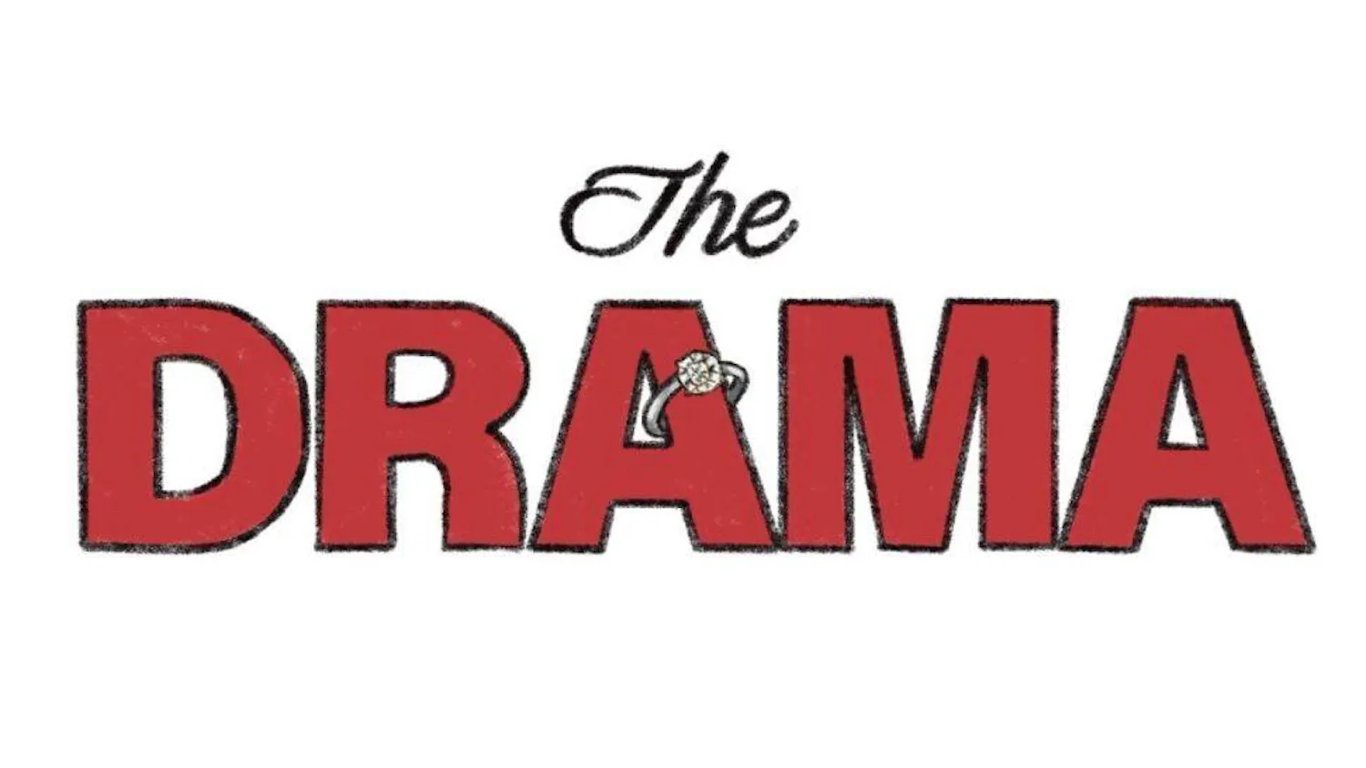 The text features the word "DRAMA" in bold red letters, with a diamond ring accentuating the letter "R," topped by the word "The" in a smaller cursive font above.