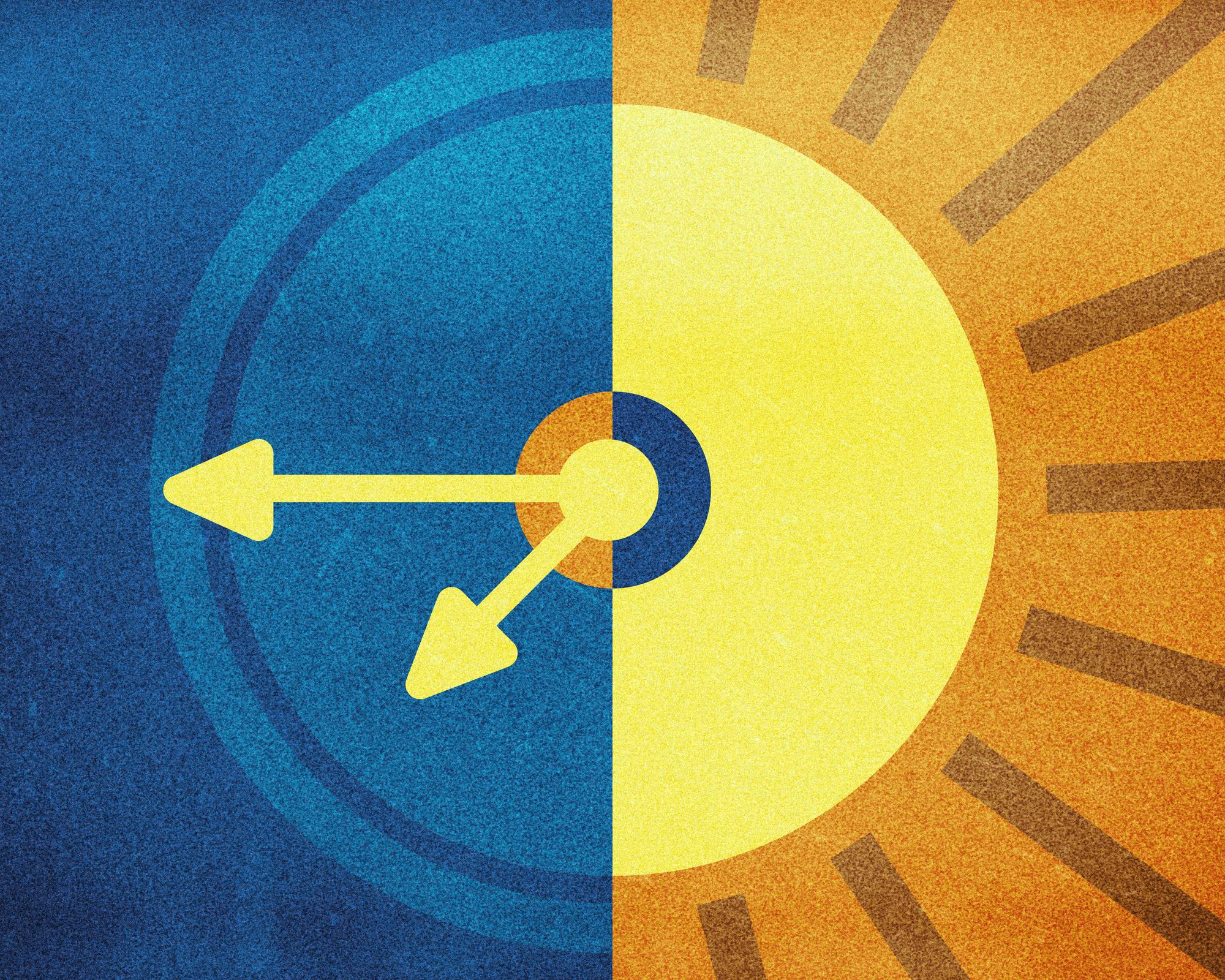 A division of blue and yellow hues features clock hands on the left and a sunburst on the right.