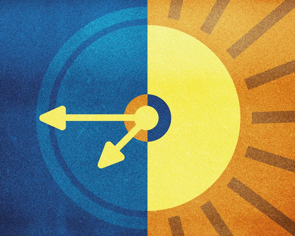 <p>A split background features a clock with a blue moon on one side, and golden sun on the other.</p>