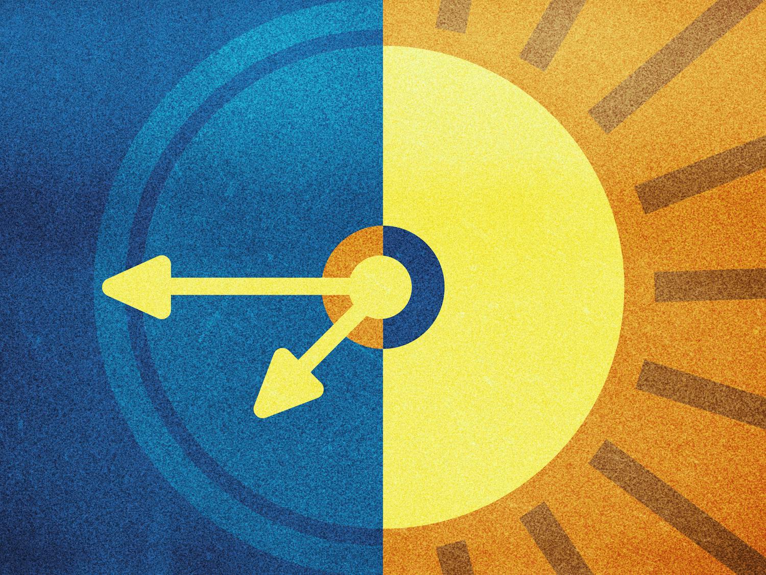 A division of blue and yellow hues features clock hands on the left and a sunburst on the right.