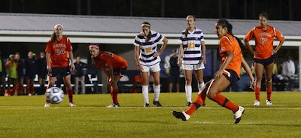 Auburn's Bianca Sierra kicks the game winning penalty kick in overtime for Auburn to win 1-0 over LSU. (CONTRIBUTED BY Todd Van Emst)