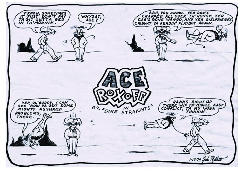 <p>Plainsman cartoon from 1979 depicting "Ace Roxoff," Jack Mallette's cartoon character based off of Auburn students. Contributed by the cartoonist.&nbsp;</p>