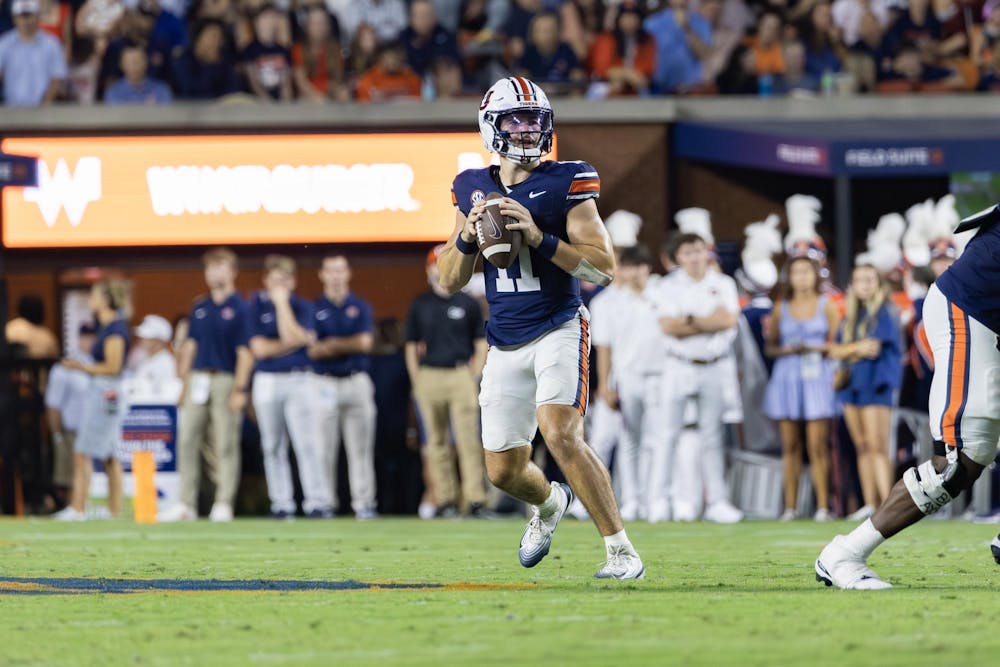 Jackson Arnold (#11) prepares to throw a pass during the football game against Ball State in Jordan-Hare Stadium on Sept. 6, 2025.