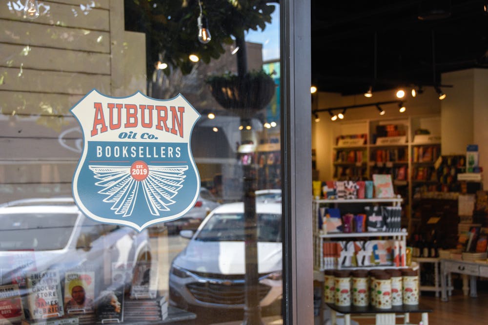 <p>The logo of the Auburn Oil Co. Bookstore, as can be seen by the front doors of their building in downtown Auburn.</p>