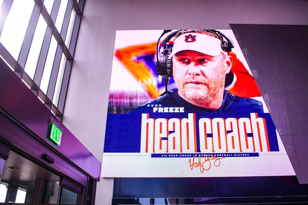<p>Auburn head coach Hugh Freeze is introduced at a press conference at the Woltosz Football Performance Center on Nov. 29, 2022.</p>