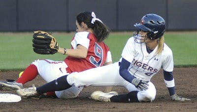 Sophomore outfielder Baylee Stephens steals second base in the bottom of the second inning against Ole Miss. (Leffie Dailey / Auburn Media Relations)