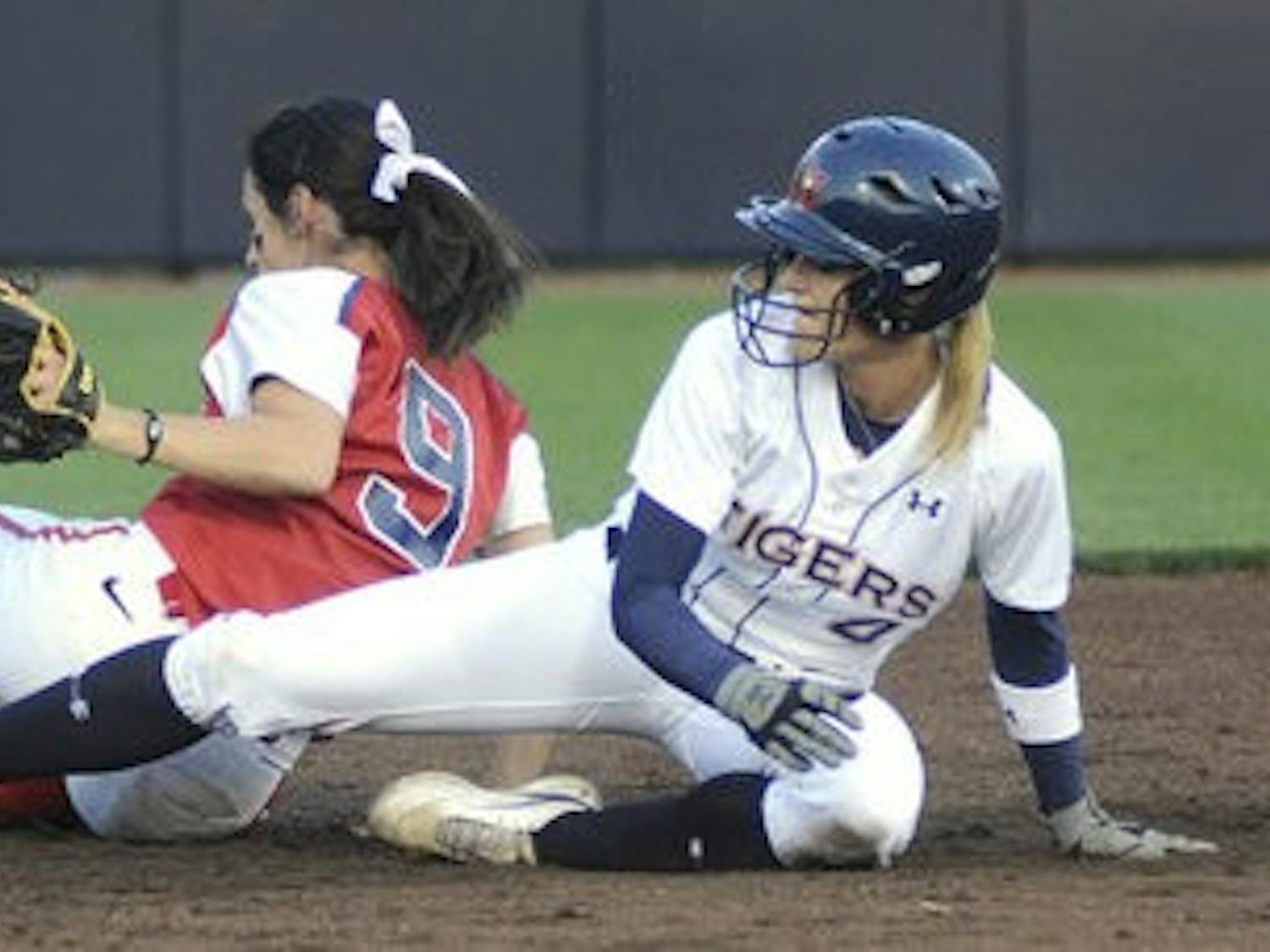 Sophomore outfielder Baylee Stephens steals second base in the bottom of the second inning against Ole Miss. (Leffie Dailey / Auburn Media Relations)