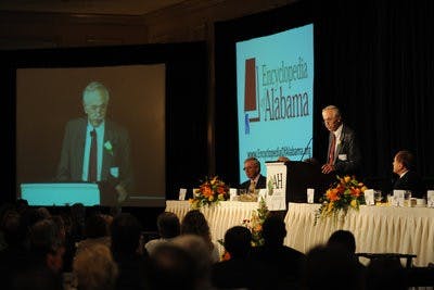 Wayne Flynt speaks at the public launch of the Encyclopedia of Alabama Sept. 2008. (contributed photo)