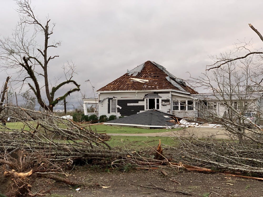 <p>A photo shows a house severely damaged by a tornado in the Beauregard, Alabama, community southeast of Auburn. Photo via Scott Fillmer.</p>