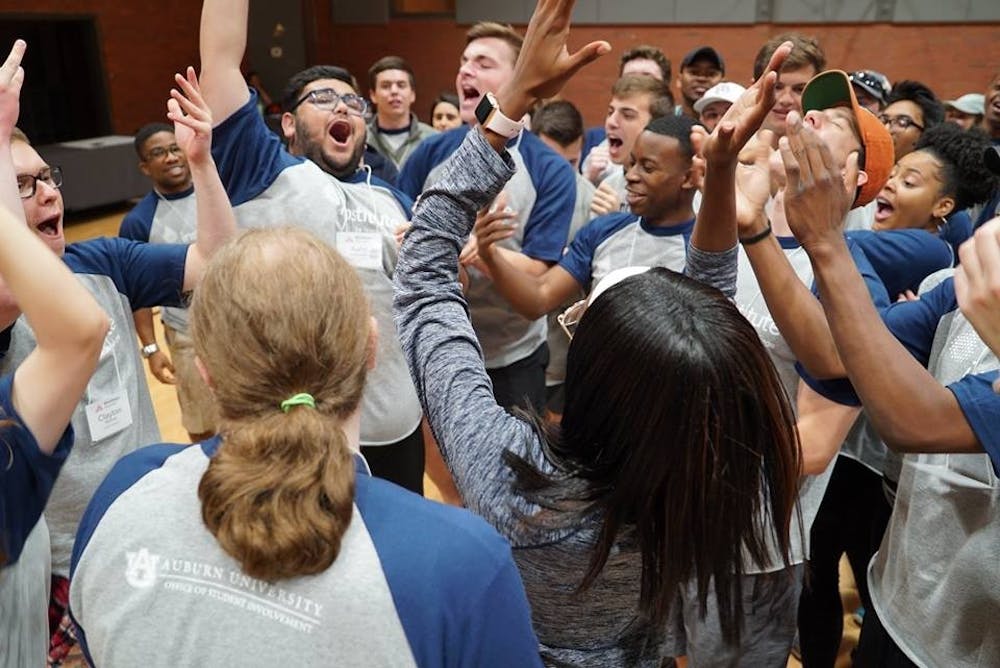 <p>Auburn Students practice a chant at LeaderShape.&nbsp;Contributed by Dawn Morgan.</p>