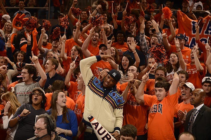 Former Auburn quarterback Cam Newton cheers with the students Wednesday.
Alabama vs Auburn mens basketball on Wednesday, Feb. 6, 2013 in Auburn, Ala. (Todd Van Emst)
